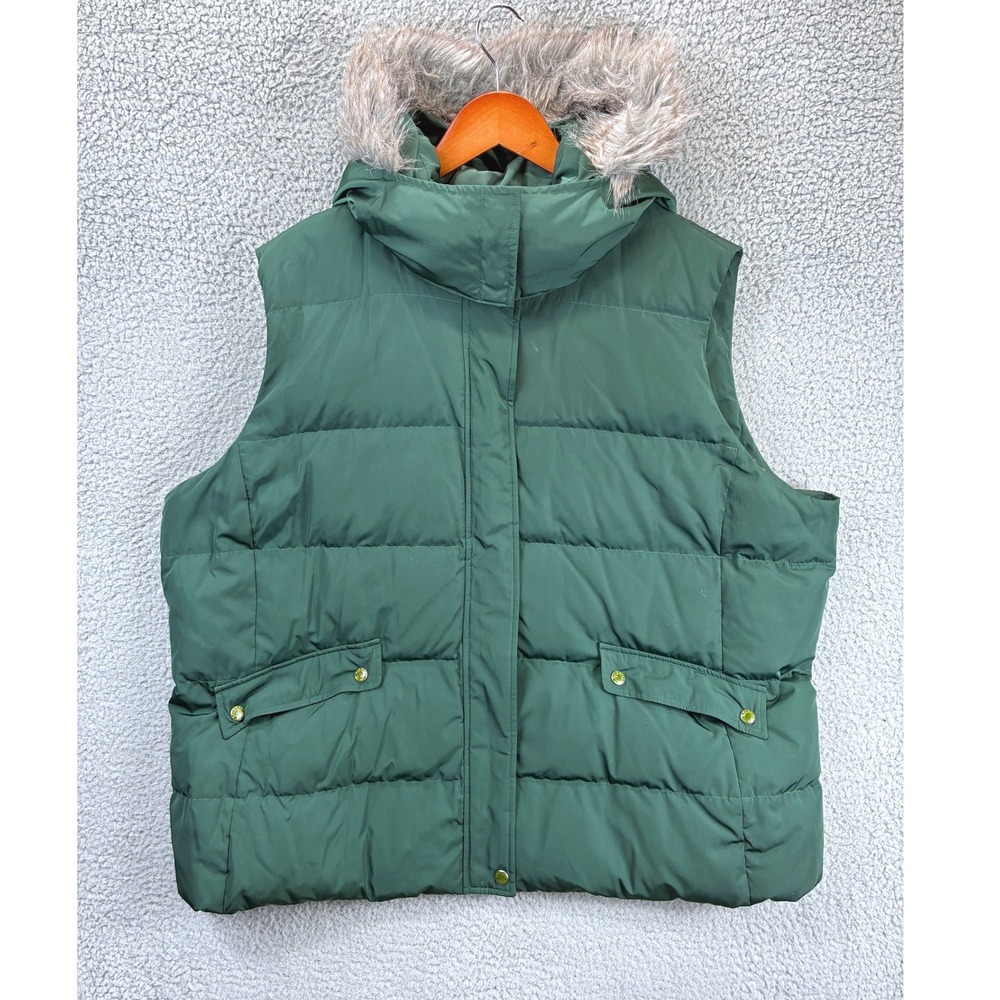 Talbots Faux Fur Hooded Puffer Duck Down Vest Womens 3X Green Quilted Winter NWT
